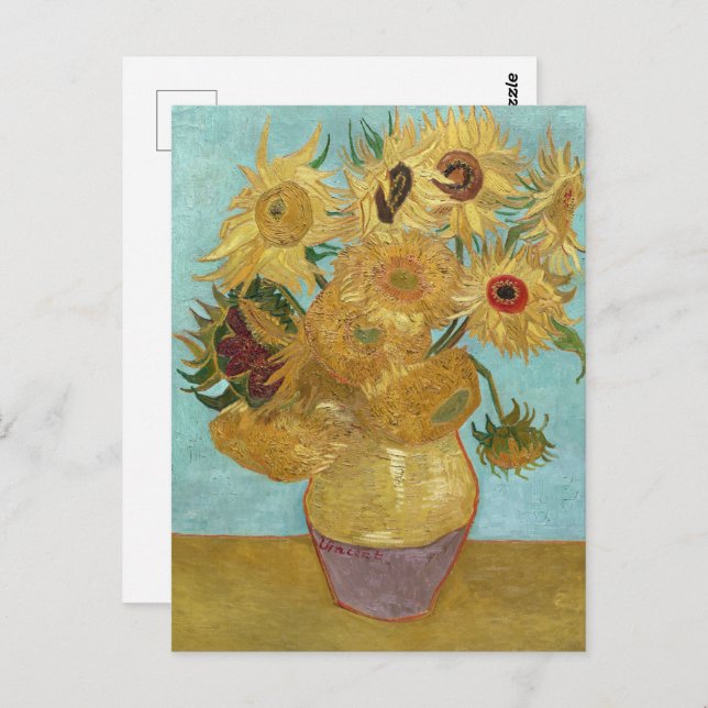 Postal Base con doce girasoles de Vincent van Gogh (Anverso / Reverso)