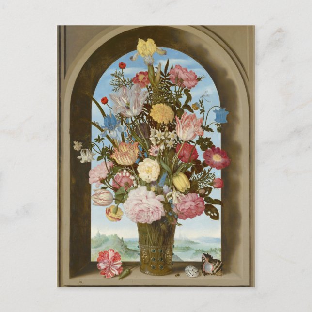 Postal Base de flores en una ventana, c.1618 (Anverso)
