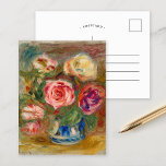 Postal Base de Rosas | Renoir<br><div class="desc">Rosas (1913-1915) | Obra de arte original del artista impresionista francés Pierre-Auguste Renoir (1841-1919). El bonito cuadro de arte representa una abstracta vida impresionista de rosas rosas rosas en un jarrón azul contra un fondo morado. Utilice las herramientas de diseño para agregar texto personalizado o personalizar la imagen.</div>