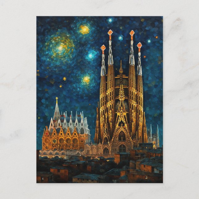 Postal Basílica de Barcelona Sagrada Familia Starry Night (Anverso)