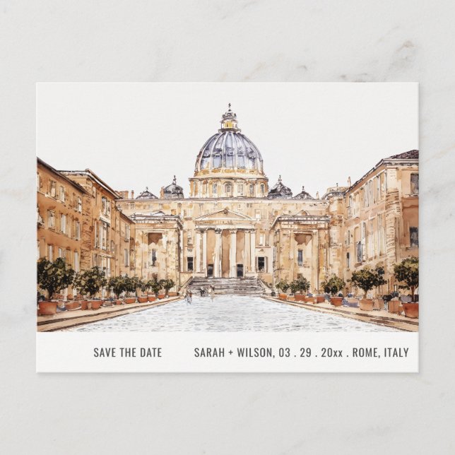 Postal Basílica Roma Italia acuarela Guardar la fecha (Anverso)