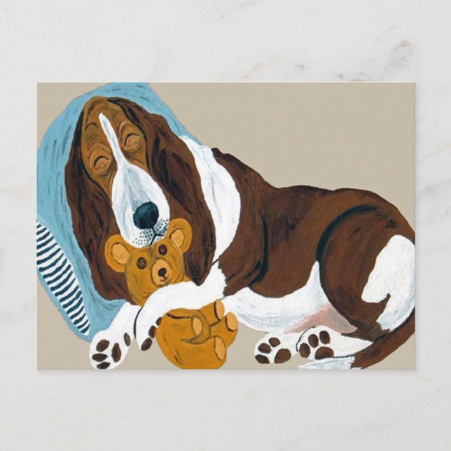 Postal Basset Dormido Con Teddy (Anverso)