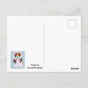 Postal Basset Hound con traje de conejito rosa