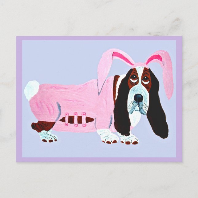 Postal Basset Hound con traje de conejito rosa (Anverso)