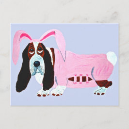 Postal Basset Hound con traje de conejo rosa