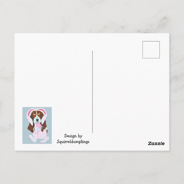 Postal Basset Hound con traje de conejo rosa (Reverso)
