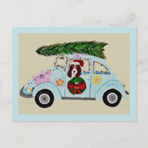 Postal Basset Hound de Navidad en coche hippie