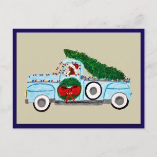 Postal Basset Hound en Camioneta Antigüa en Navidad