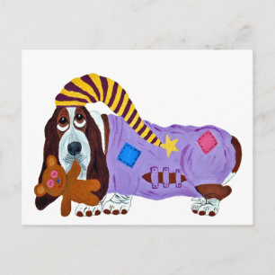 Postal Basset Hound en pijama con oso de peluche