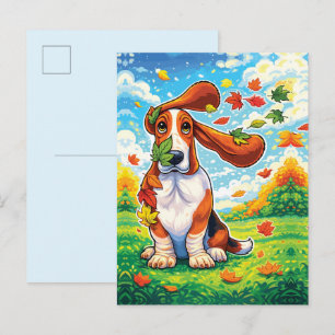 Postal Basset Hound Juguetón Hojas de Otoño Caricatura