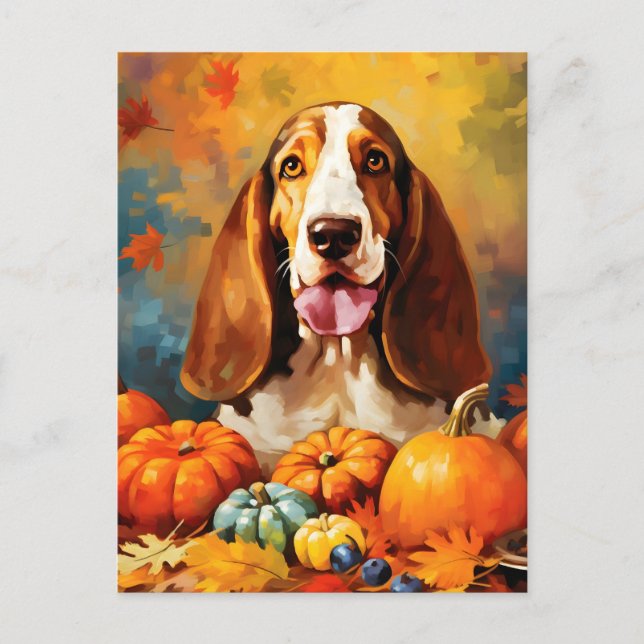 Postal Basset Hound Otoño Día de Acción de Gracias  (Anverso)