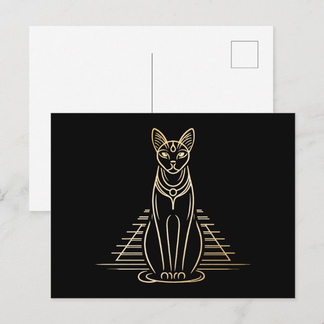 Postal Bastet, diosa gata egipcia frente a una pirámide (Anverso / Reverso)