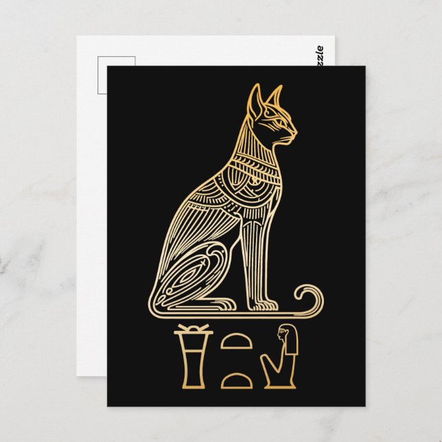 Postal Bastet, Diosa Gata Egipcia. Nombre en jeroglíficos (Anverso / Reverso)