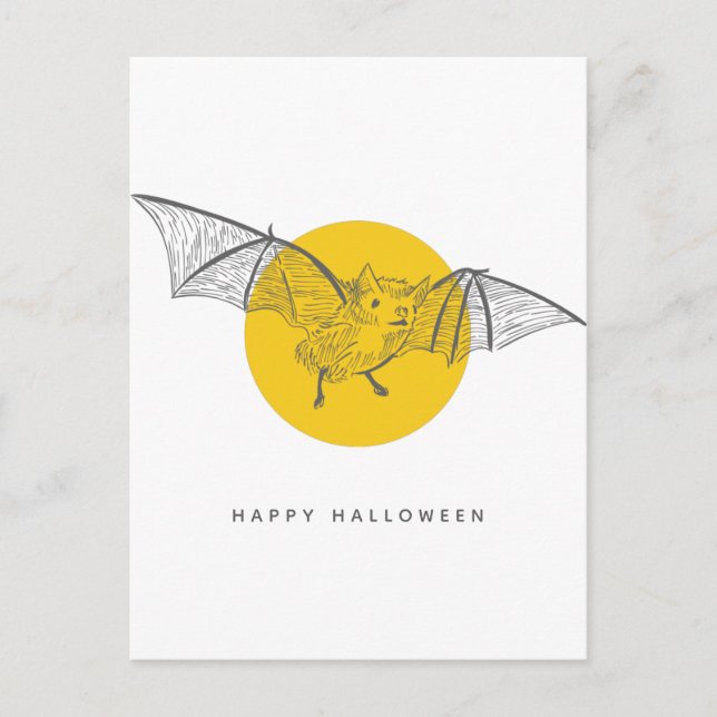 Postal Bat Halloween | Esbozo moderno lindo luna amarilla (Anverso)