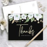 Postal Bat Mitzvah Black Gold Script Watercolor Floral<br><div class="desc">¡Asegúrate de que tu favorito Bat Mitzvah muestre su aprecio a todos los que apoyaron su evento! ¡Envíe esta sofisticada y personalizada postal de agradecimiento! Una moda, impresionante, blanca y dorada purpurina acuarela floral con una tipografía de escritura de Relieve metalizado de oro falsa y tipo san serif blanco, sobrepone...</div>