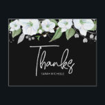 Postal Bat Mitzvah Black Silver Script Floral Gracias<br><div class="desc">¡Asegúrate de que tu favorito Bat Mitzvah muestre su aprecio a todos los que apoyaron su evento! ¡Envíe esta sofisticada y personalizada postal de agradecimiento! Una moda, impresionante, blanca y dorada purpurina acuarela floral con una tipografía de escritura de Relieve metalizado de oro falsa y tipo san serif blanco, sobrepone...</div>
