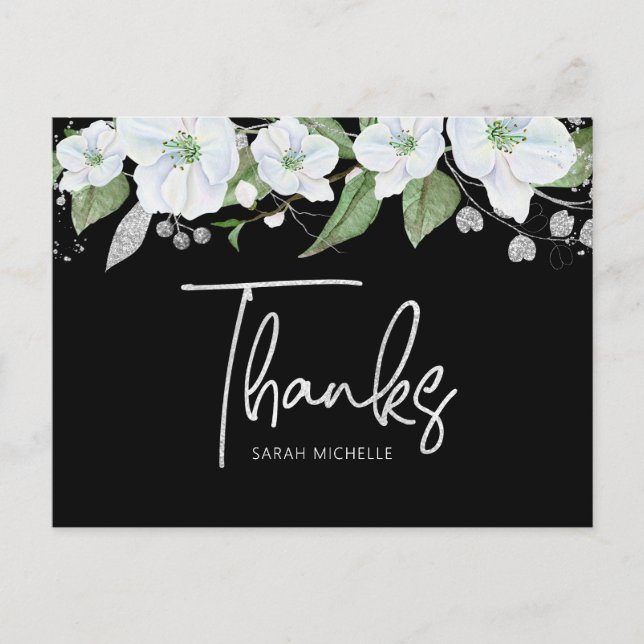 Postal Bat Mitzvah Black Silver Script Floral Gracias (Anverso)