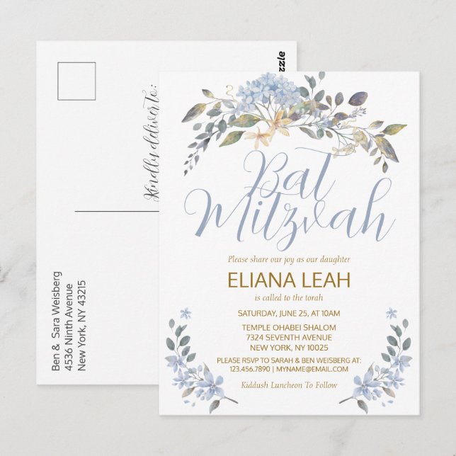 Postal Bat Mitzvah Blue Watercolor Floral (Anverso / Reverso)