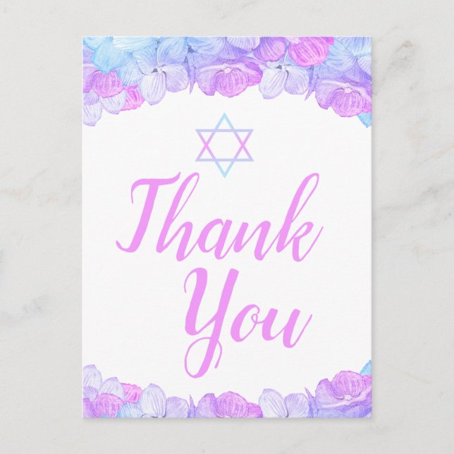 Postal Bat Mitzvah Floral Pink Hydrangea Gracias (Anverso)