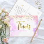 Postal Bat Mitzvah Gold Script Pink Watercolor Gracias<br><div class="desc">¡Asegúrate de que tu favorito Bat Mitzvah muestre su aprecio a todos los que apoyaron su evento! Envíe este impresionante, moderno, brillante Relieve metalizado de imitación dorado manuscrito y pequeños puntos sobre el fondo de una acuarela rosa claro, personalizado gracias postal. En la parte delantera, personaliza con el nombre de...</div>