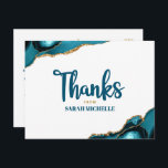 Postal Bat Mitzvah Gold Turquoise Agate Script Gracias<br><div class="desc">¡Asegúrate de que tu favorito Bat Mitzvah muestre su aprecio a todos los que apoyaron su evento! Envíe esta postal única, única, moderna y personalizada. Guión manuscrito azul turquesa y negrita, sans serif tipografía sobre un fondo blanco simple y limpio con rocas agate azul turquesa acentuadas con finas venas de...</div>