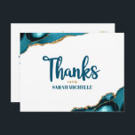 Postal Bat Mitzvah Gold Turquoise Agate Script Gracias<br><div class="desc">¡Asegúrate de que tu favorito Bat Mitzvah muestre su aprecio a todos los que apoyaron su evento! Envíe esta postal única, única, moderna y personalizada. Guión manuscrito azul turquesa y negrita, sans serif tipografía sobre un fondo blanco simple y limpio con rocas agate azul turquesa acentuadas con finas venas de...</div>