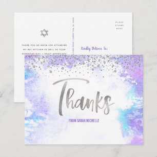 Postal Bat Mitzvah Silver Script Morado Watercolor Gracia