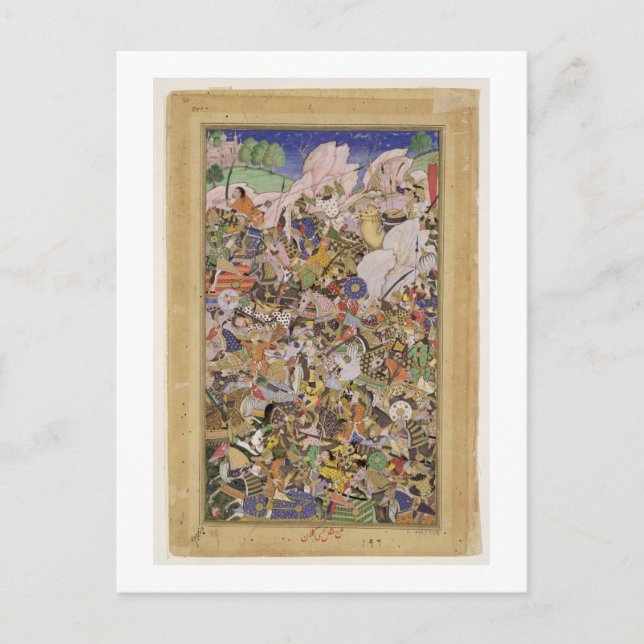 Postal Batalla de Bundi, de Akbarnama, c.1590 (gouac) (Anverso)