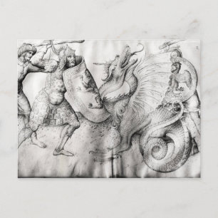 Postal Batalla entre guerreros y un dragón, c.1450