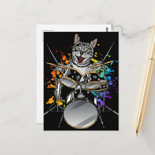 Postal Baterista de gato tocando la batería