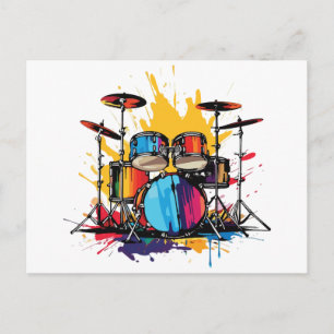 Postal Baterista Pintura Goteo Salpicadura Tambores Kit M