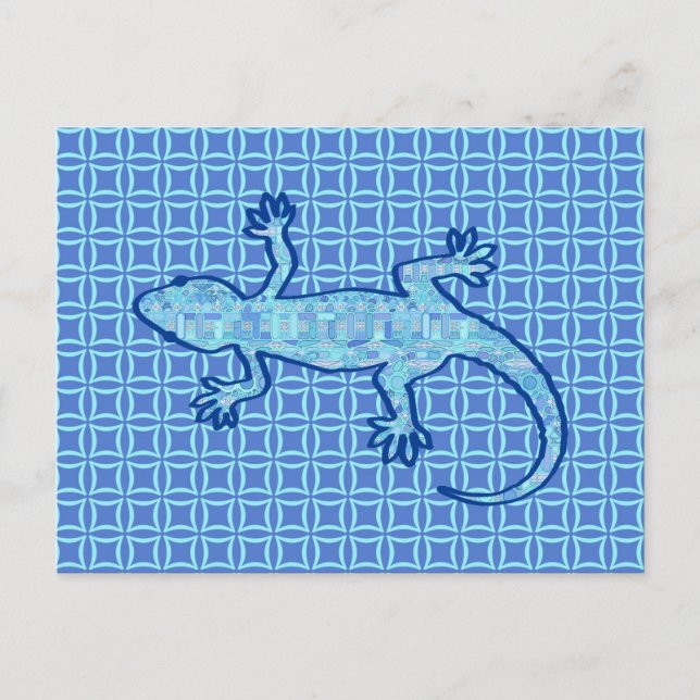 Postal batik tribal Gecko - azul denim suave (Anverso)
