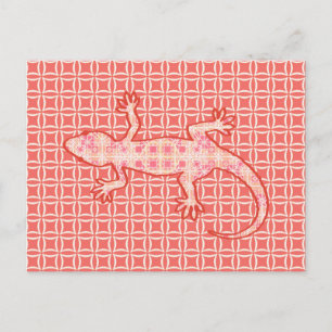 Postal batik tribal Gecko - rosa de coral y crema