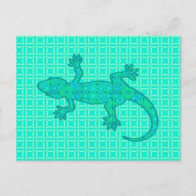 Postal batik tribal Gecko - turquesa / pavo real (Anverso)