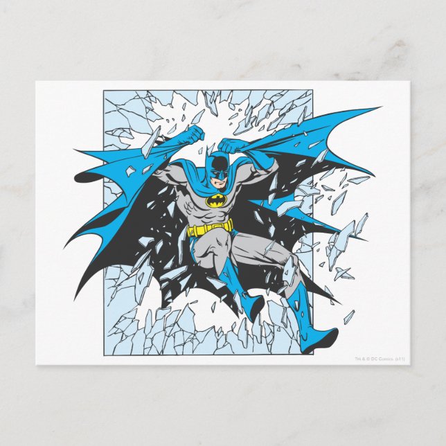 Postal Batman irrumpe a través del vidrio (Anverso)