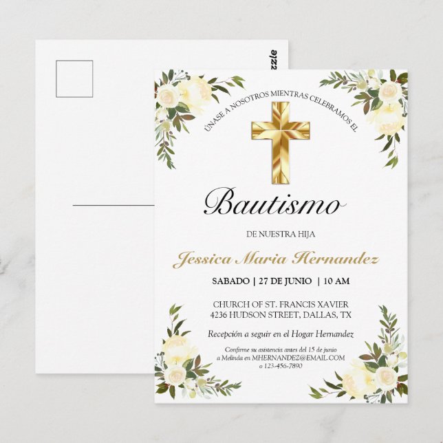 Postal Bautizo floral elegante del marfil del bebe (Anverso / Reverso)