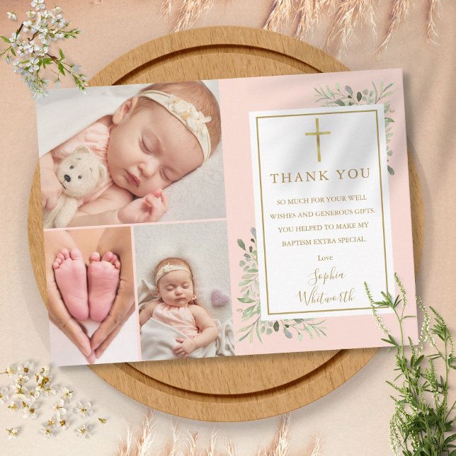 Postal Bautizo Rubor Rosa Gracias (Baptism Blush Pink Thank You Postcard)