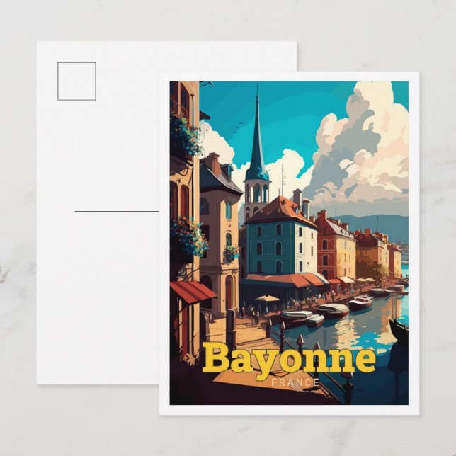 Postal Bayonne France Viaje Ilustracion Vintage (Anverso / Reverso)