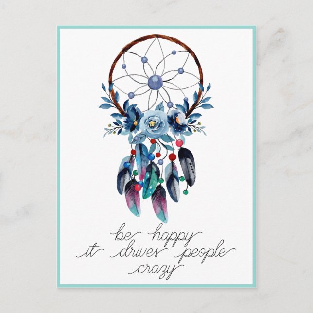Postal Be Happy Boho Dreamcatcher Feather Floral (Anverso)
