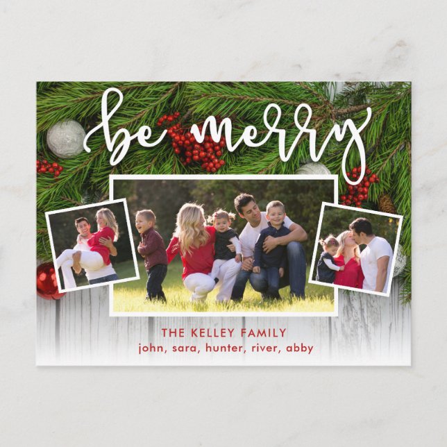 Postal Be Merry Evergreen Three Photo Holiday Postcard (Anverso)
