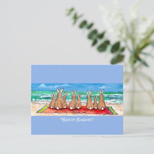 Postal Beach Bunnies Rabbit Vacation Watercolor Art Post (Anverso de pie)