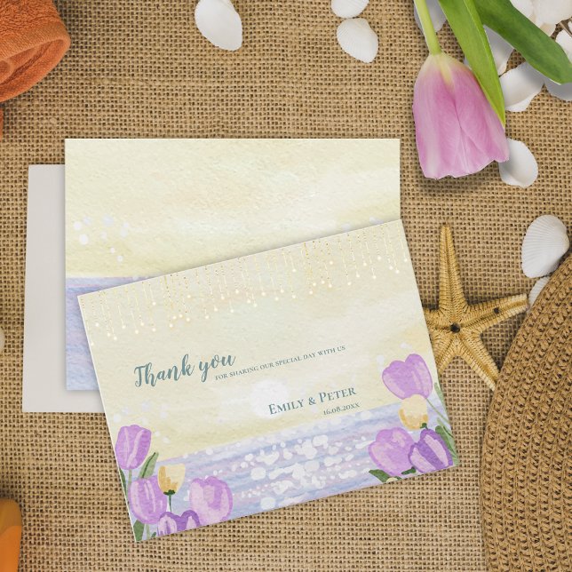 Postal Beach Coastal Purple Floral Wedding Thank You (Beach Coastal Purple Floral Wedding Thank You Postcard)