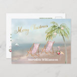 Postal Beach Flamingo Merry Christmas Budget Postcard<br><div class="desc">Feliz Navidad en esta preciosa playa de Watercolor - escena tranquila y suave con dos tumbonas - flamencos amistosos con una hermosa corona - Palmera con algunos adornos.  También disponible en diferentes pesos de papel: su selección.</div>