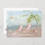 Postal Beach Flamingo Merry Christmas Budget Postcard<br><div class="desc">Feliz Navidad en esta preciosa playa de Watercolor - escena tranquila y suave con dos tumbonas - flamencos amistosos con una hermosa corona - Palmera con algunos adornos. También disponible en diferentes pesos de papel: su selección. Cualquier pregunta de diseño, sólo envíe un correo electrónico a charmdesignstudio@rcn.com y estaremos encantados...</div>