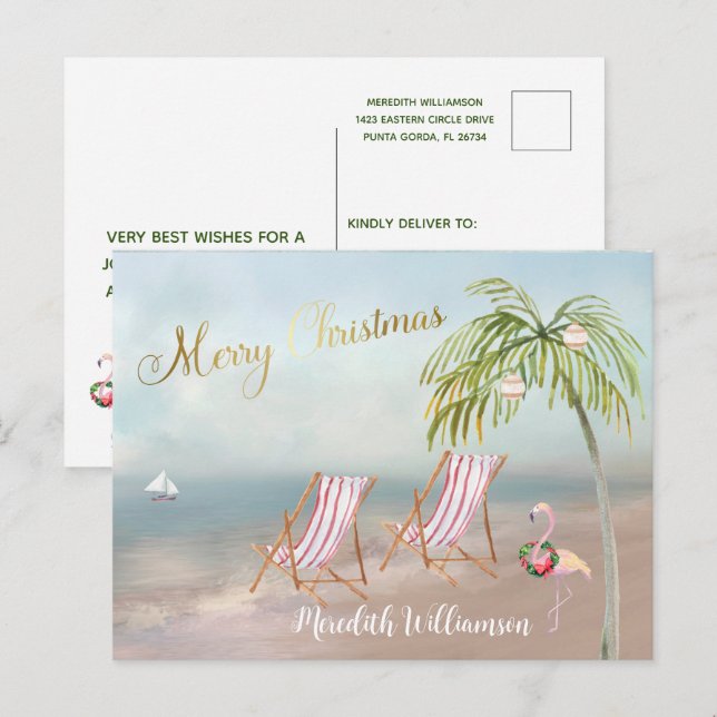 Postal Beach Flamingo Merry Christmas Budget Postcard (Anverso / Reverso)