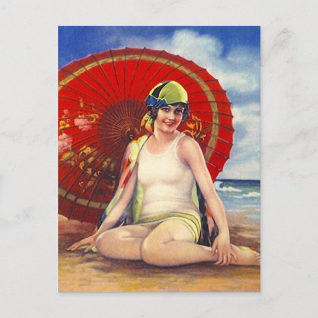 Postal Beach Flapper Chica Postcard Asian Umbrella Cloche (Anverso)