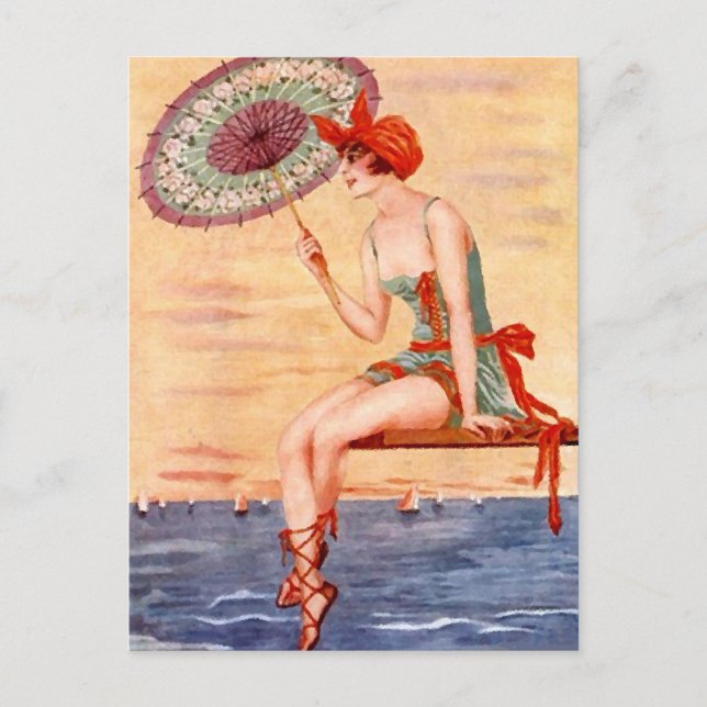 Postal Beach Flapper Chica Postcard Swim Umbrella Cloche (Anverso)