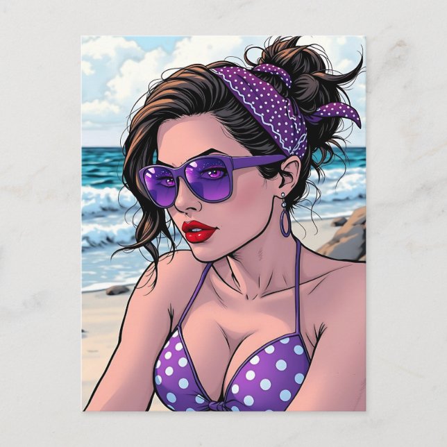 Postal Beach Lady en tonos, bikini y Bandana (Anverso)