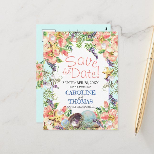 Postal Beach Wedding Floral Seashells Pearl Salvar La Fec