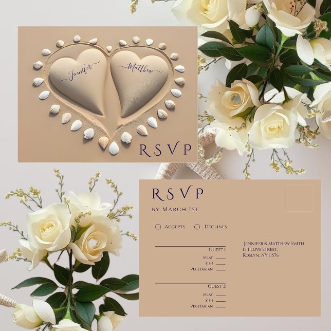 Postal Beach Wedding RSVP- Corazones de arena (Beach Wedding RSVP- Sand Hearts Postcard )
